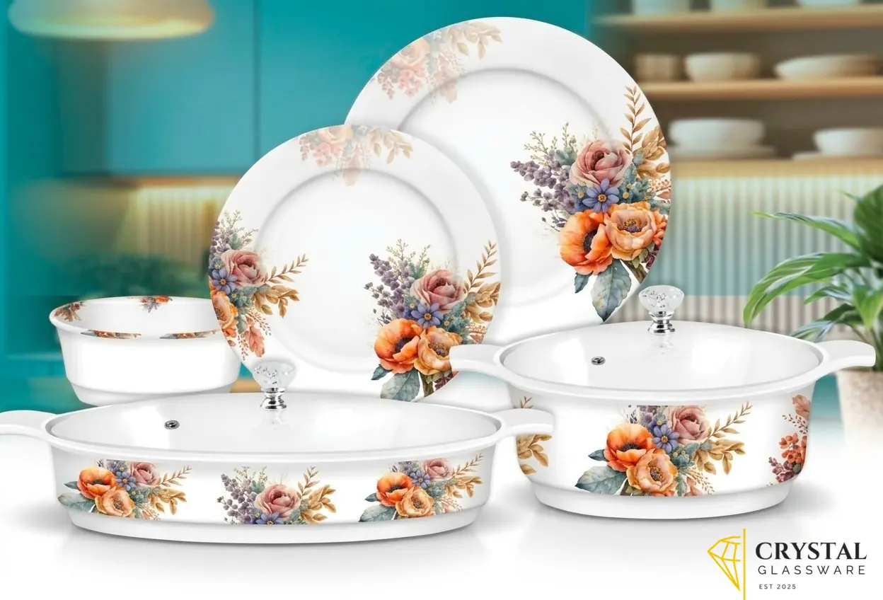 SUFRA Double Glazed Dinner Set With Glass Lid (80 Pcs )8 Person Serving — Crystal Glassware Pakistan
